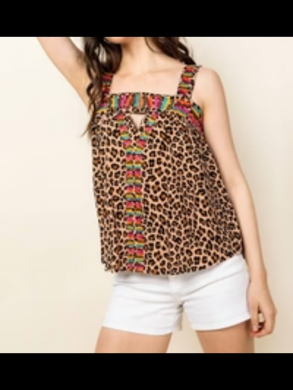 THML Leopard Print Sleeveless Tank with Colorful Embroidered Trim